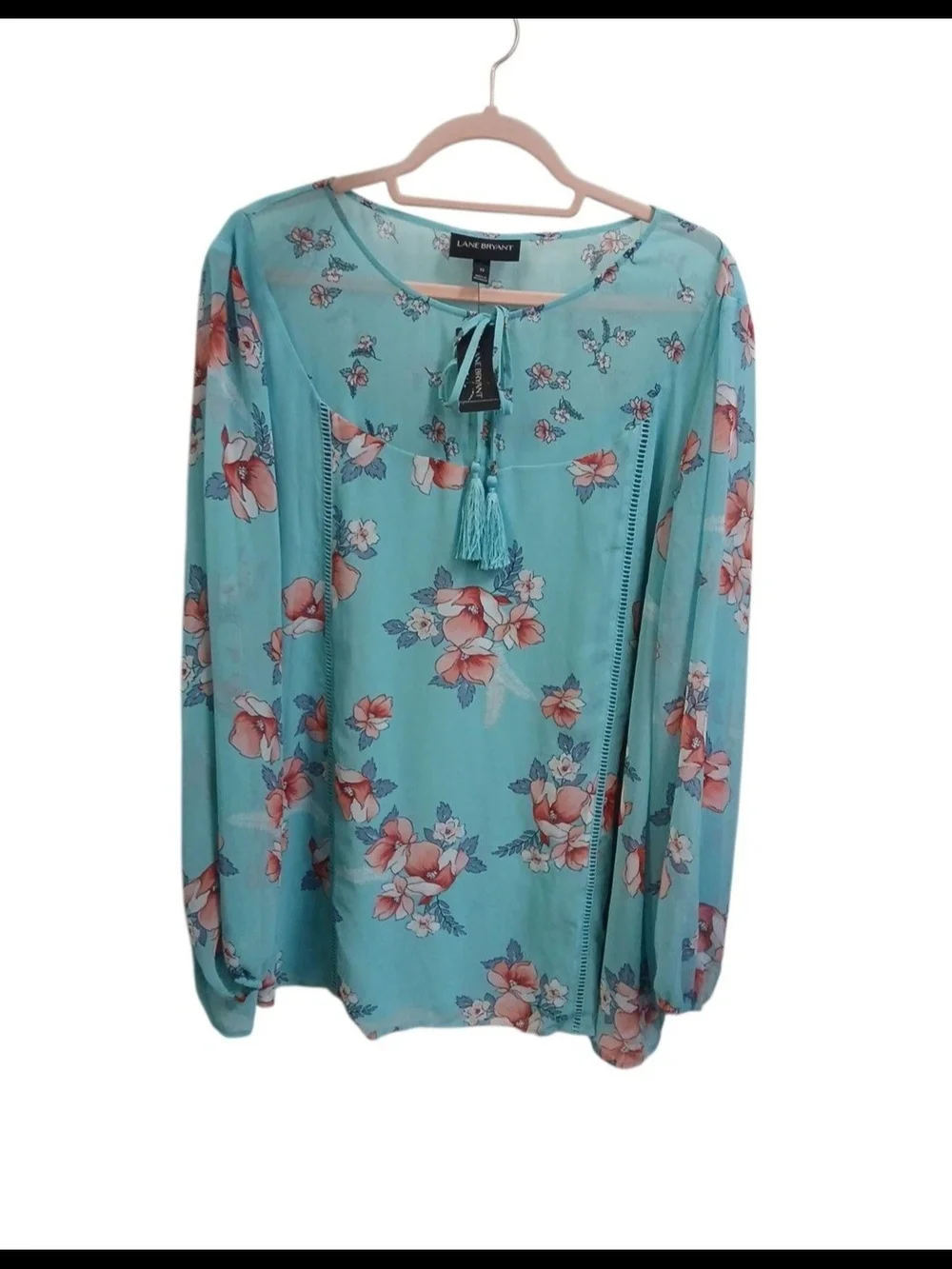 Lane Bryant Teal Floral Tassel Tie-Front Long Sleeve Blouse #148